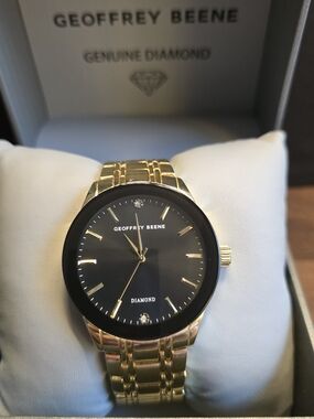 Geoffrey Beene Men's Gold-Tone Black Dial Diamond Accent Watch-New!